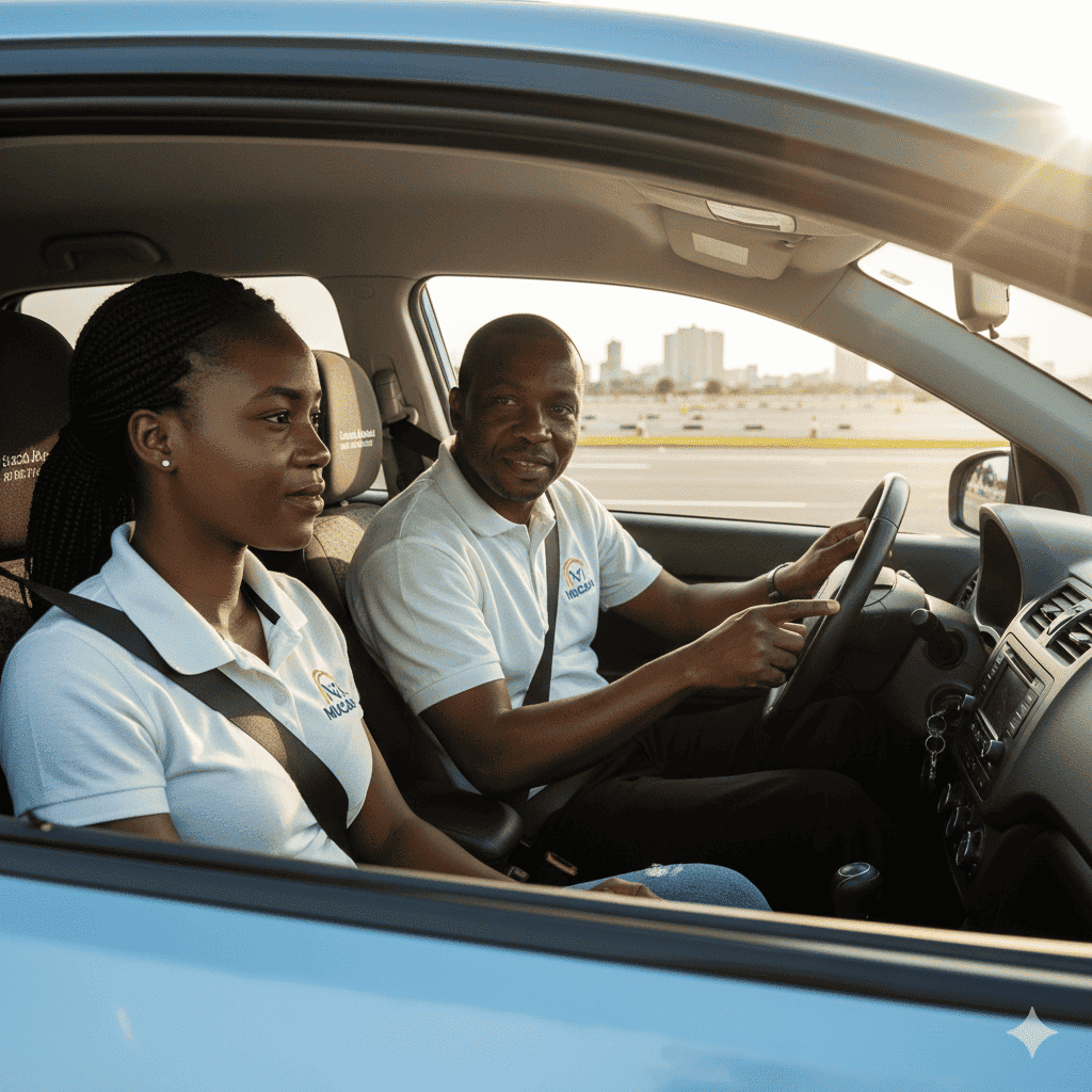 Aluno em aula prática de condução na Beira